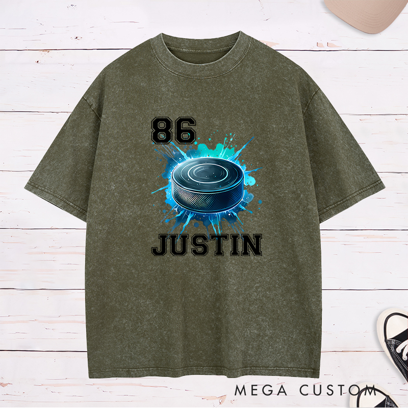 Personalized Athletic Washed T-Shirt Featuring a Vibrant Hockey Puck Graphic and Custom Name