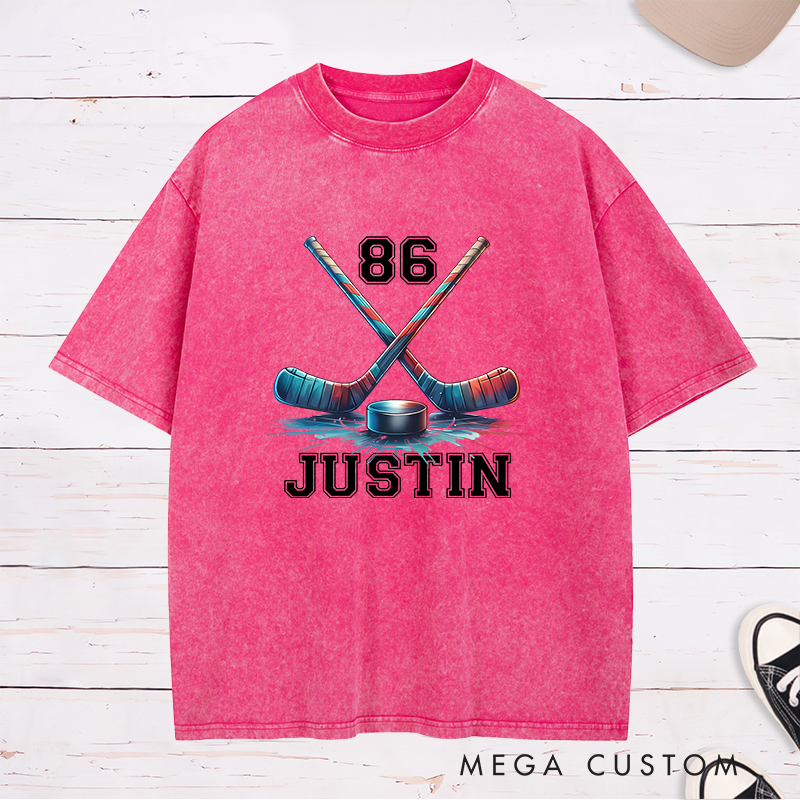 Personalized Ice Hockey Washed T-Shirt with Crossed Sticks and Custom Name  