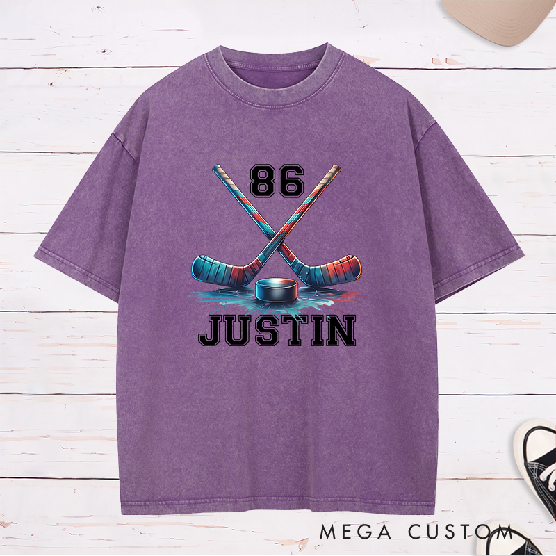 Personalized Ice Hockey Washed T-Shirt with Crossed Sticks and Custom Name  