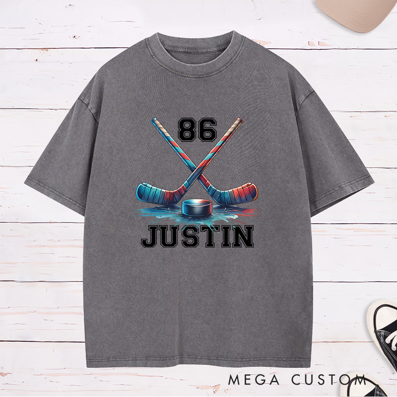 Personalized Ice Hockey Washed T-Shirt with Crossed Sticks and Custom Name  