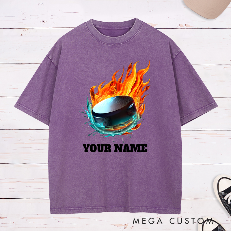 Personalized Flaming Hockey Puck Washed T-Shirt with Custom Name  