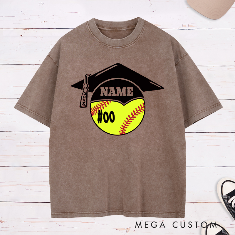 Personalized Graduation Softball Washed T-Shirt Design Featuring Custom Name Player Number Graduation Cap and Bat Graphic