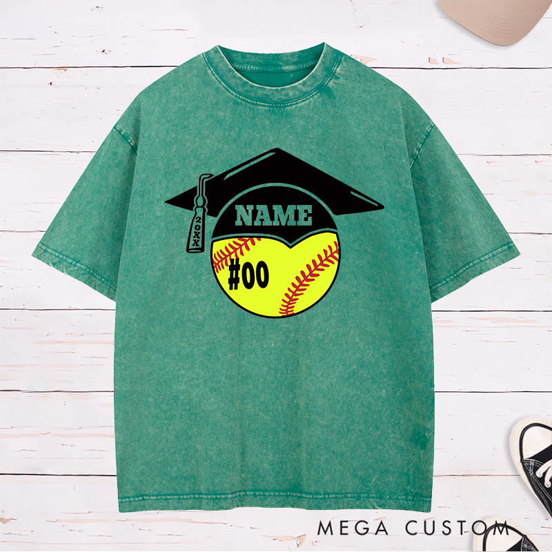 Personalized Graduation Softball Washed T-Shirt Design Featuring Custom Name Player Number Graduation Cap and Bat Graphic