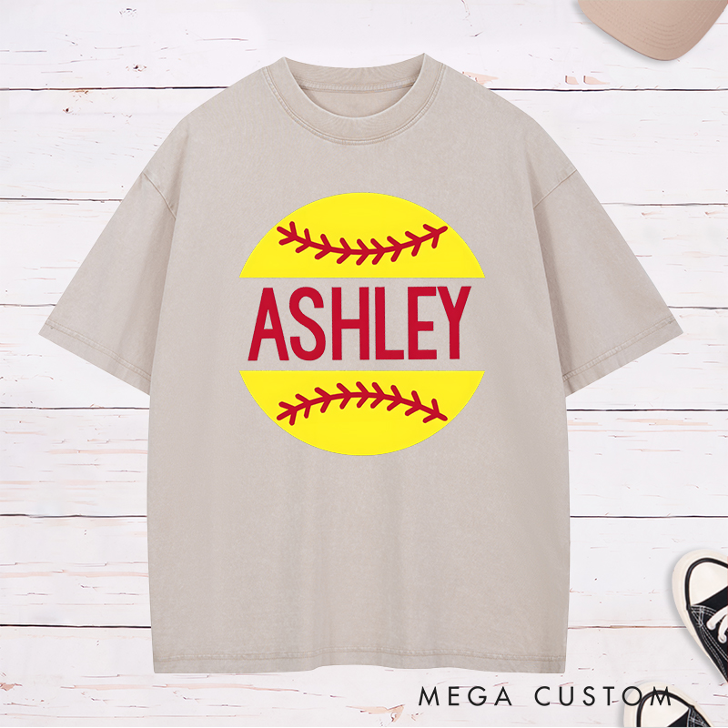 Personalized Softball Washed T-Shirt Design Featuring Custom Name Bold Text and Bright Softball Graphic