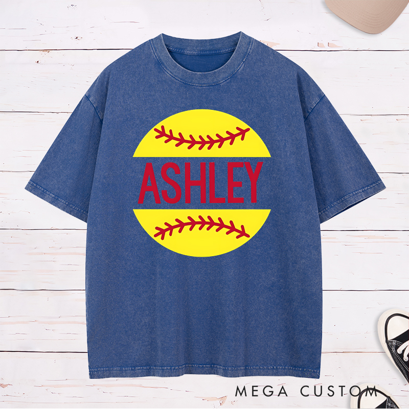 Personalized Softball Washed T-Shirt Design Featuring Custom Name Bold Text and Bright Softball Graphic