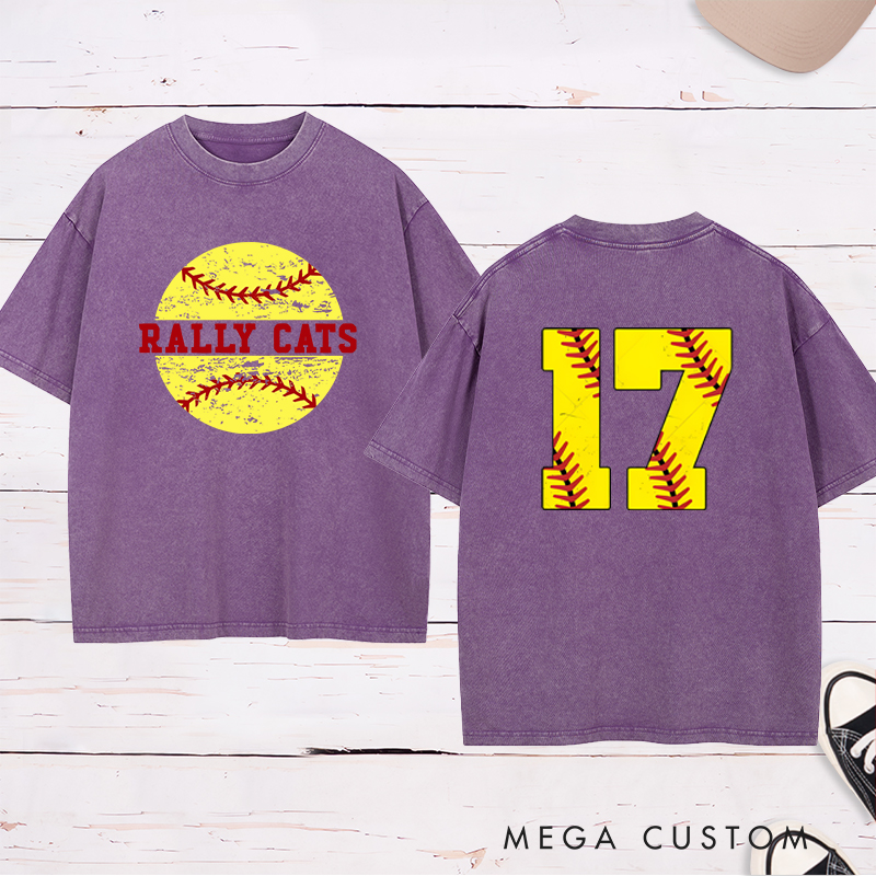 Personalized Softball Washed T-Shirt Design Featuring Distressed Player Number with Bold Softball Stitching Graphics