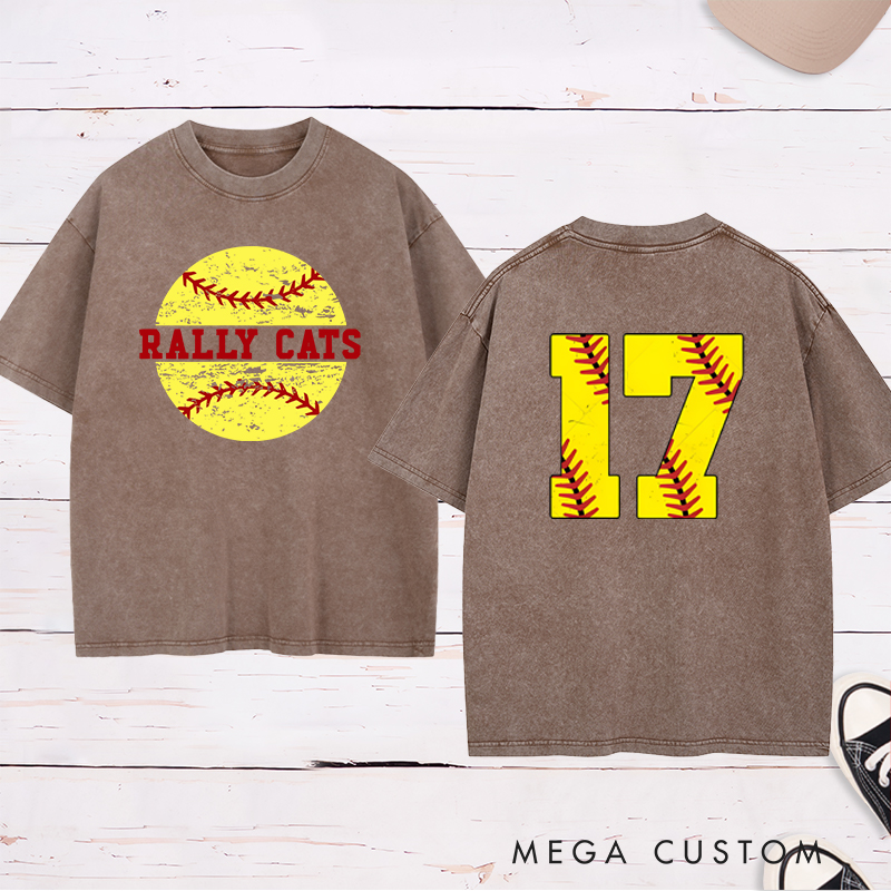 Personalized Softball Washed T-Shirt Design Featuring Distressed Player Number with Bold Softball Stitching Graphics
