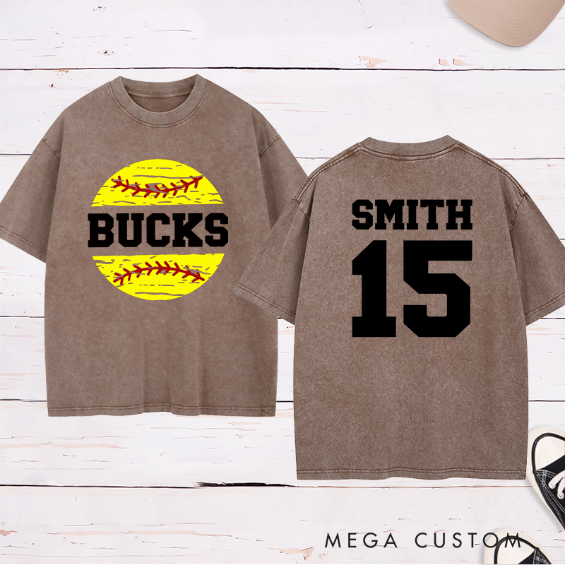 Personalized Softball Team Washed T-Shirt Design Featuring Custom Team Name Player Name and Number with Bright Softball Graphic
