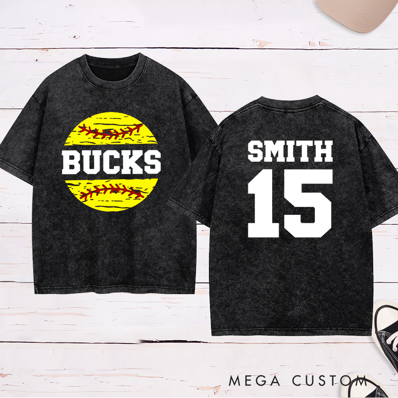Personalized Softball Team Washed T-Shirt Design Featuring Custom Team Name Player Name and Number with Bright Softball Graphic