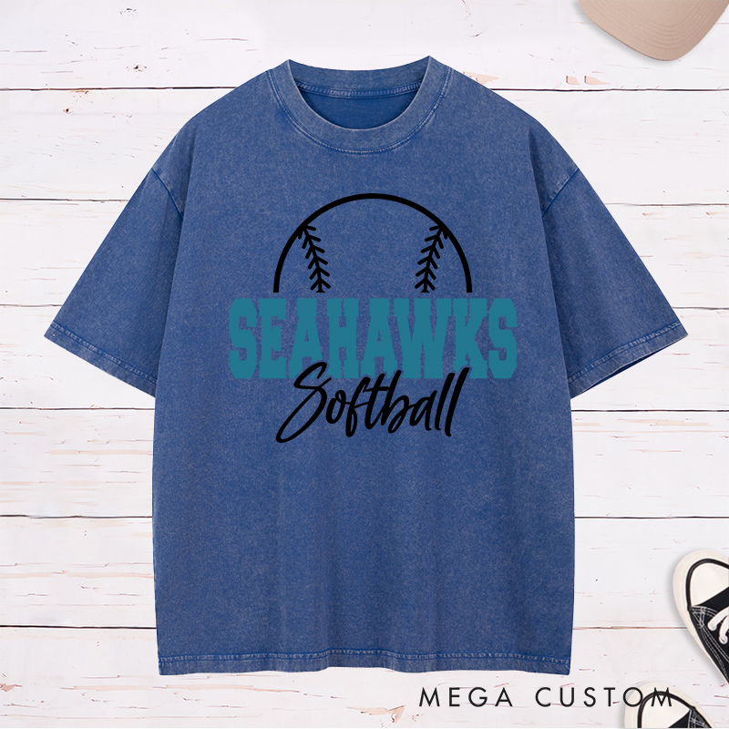 Personalized Softball Team Washed T-Shirt Design Featuring Bold Block Team Name Text Stylish Script Font for Softball and Minimalist Softball Graphic Outline