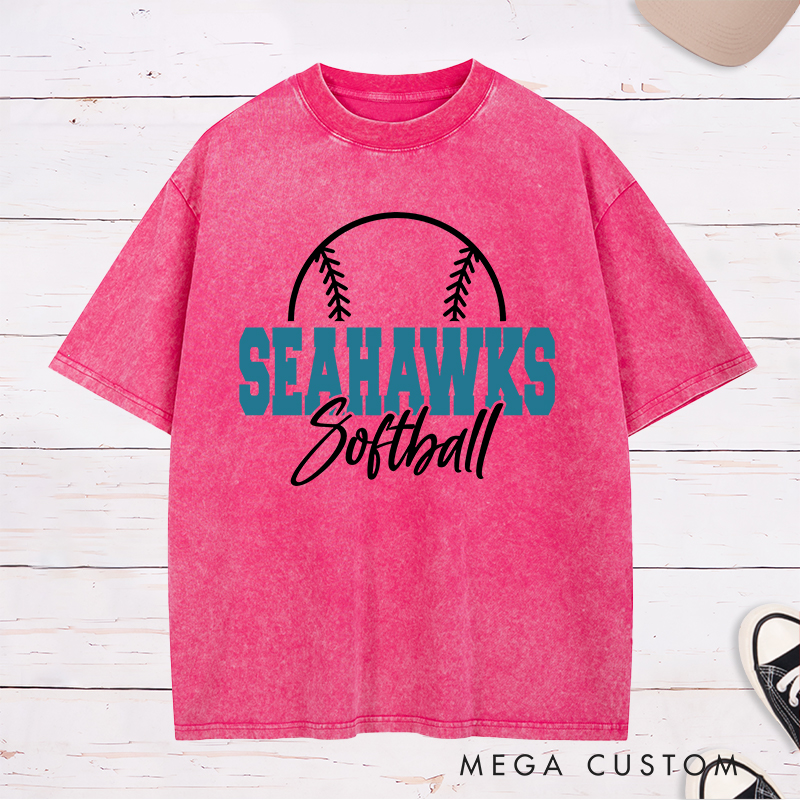 Personalized Softball Team Washed T-Shirt Design Featuring Bold Block Team Name Text Stylish Script Font for Softball and Minimalist Softball Graphic Outline