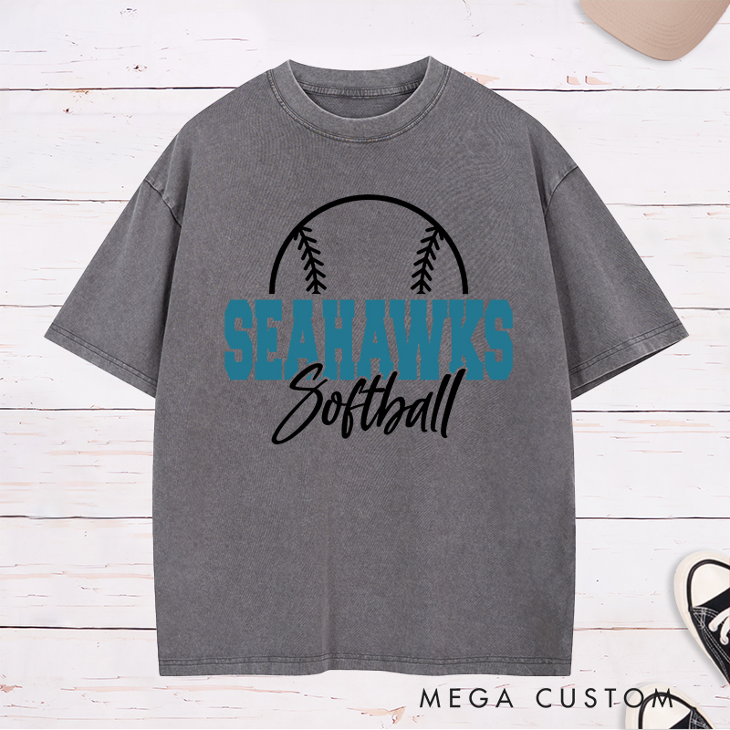 Personalized Softball Team Washed T-Shirt Design Featuring Bold Block Team Name Text Stylish Script Font for Softball and Minimalist Softball Graphic Outline