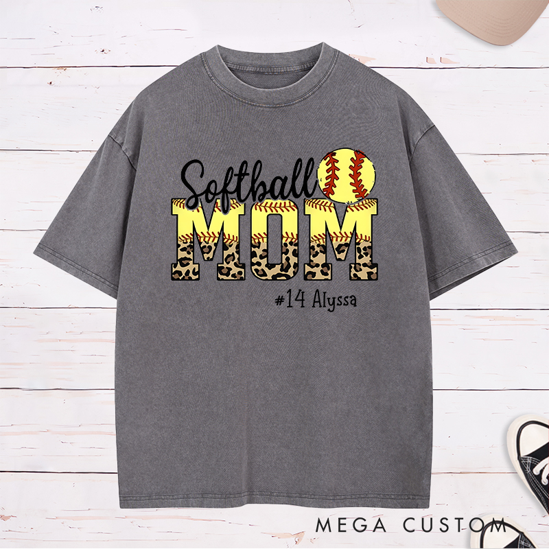 Personalized Softball Mom Washed T-Shirt Design Featuring Leopard Print Bold Text Softball Graphic and Custom Player Name and Number