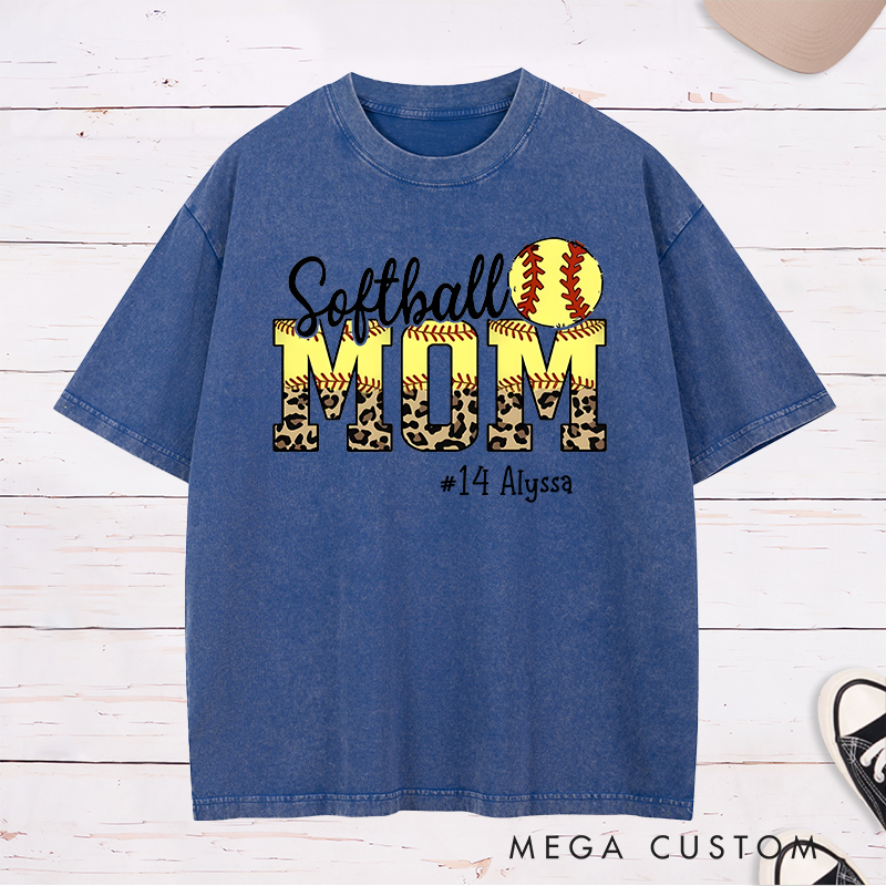 Personalized Softball Mom Washed T-Shirt Design Featuring Leopard Print Bold Text Softball Graphic and Custom Player Name and Number