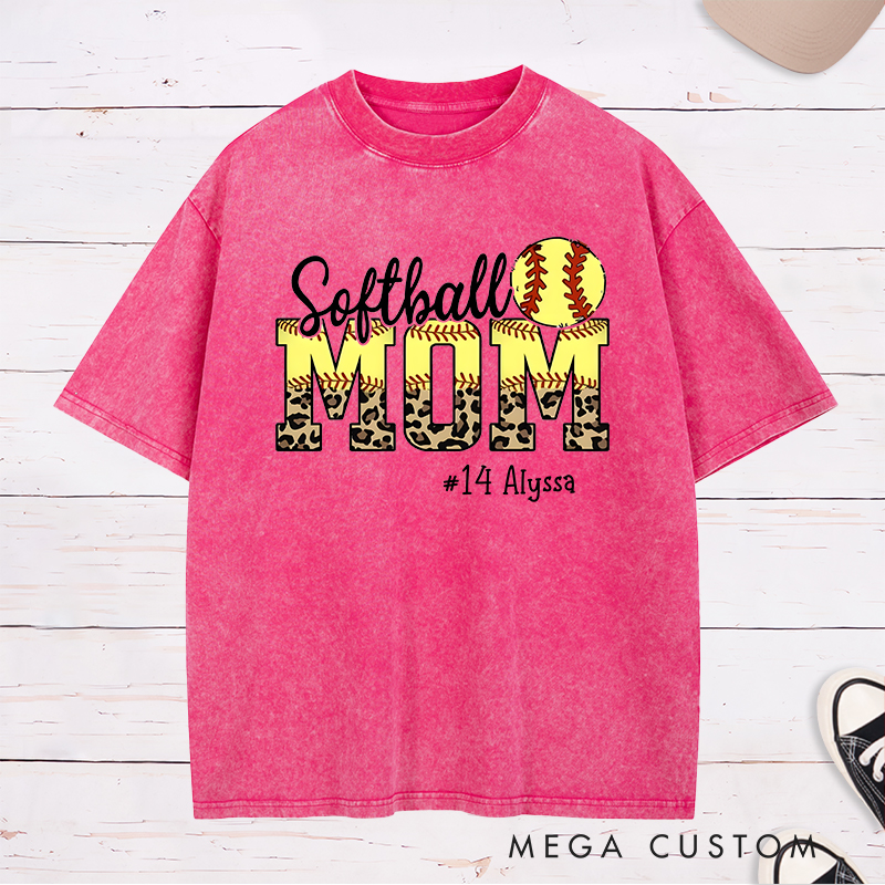 Personalized Softball Mom Washed T-Shirt Design Featuring Leopard Print Bold Text Softball Graphic and Custom Player Name and Number