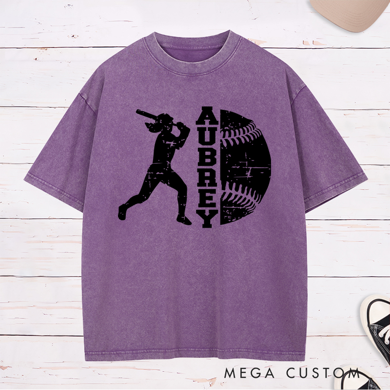 Personalized Softball Player Washed T-Shirt Design Featuring Batter Silhouette Distressed Softball Graphic and Customizable Name Text
