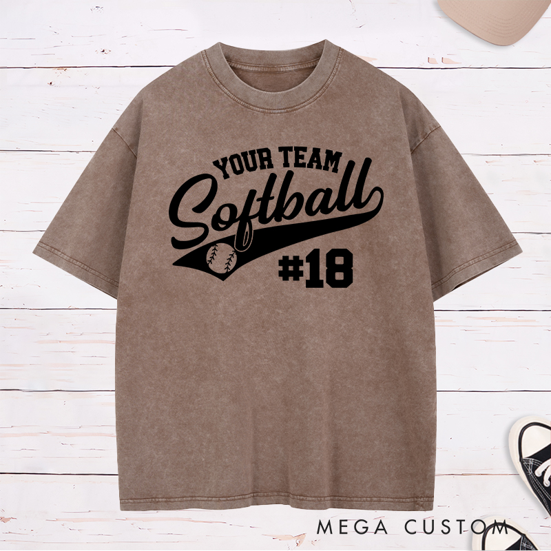 Personalized Softball Team Washed T-Shirt Design Featuring Customizable Team Name Elegant Script Softball Text Dynamic Swoosh Element Baseball Graphic and Custom Player Number