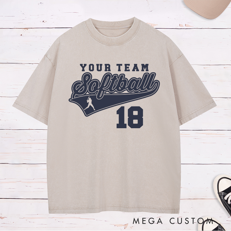 Personalized Softball Team Washed T-Shirt Design Featuring Customizable Team Name Bold Script Softball Text Dynamic Swoosh Element Player Silhouette and Custom Number
