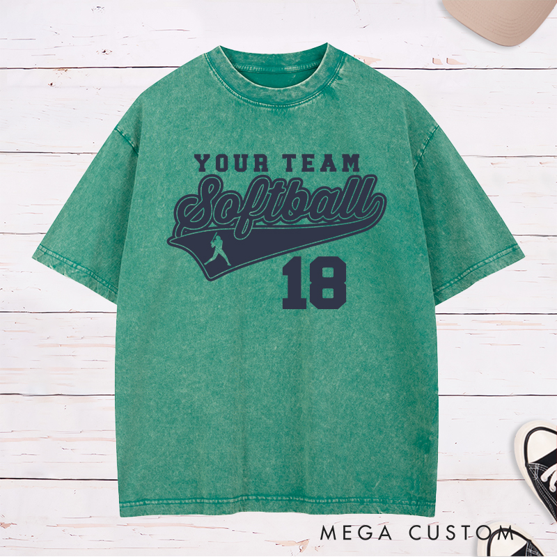 Personalized Softball Team Washed T-Shirt Design Featuring Customizable Team Name Bold Script Softball Text Dynamic Swoosh Element Player Silhouette and Custom Number