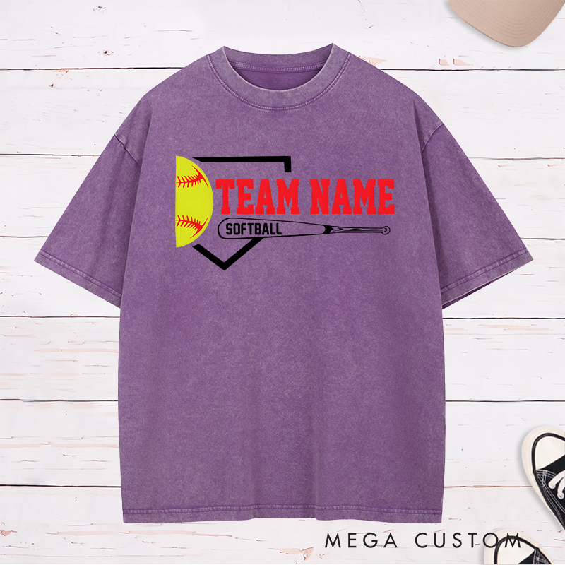 Personalized Softball Team Washed T-Shirt Design Featuring Customizable Team Name Bold Home Plate Graphic Yellow Softball and Bat Element