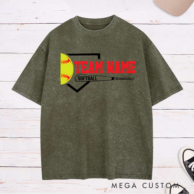 Personalized Softball Team Washed T-Shirt Design Featuring Customizable Team Name Bold Home Plate Graphic Yellow Softball and Bat Element