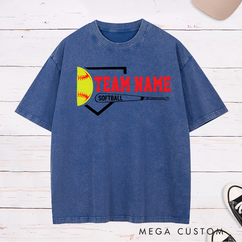Personalized Softball Team Washed T-Shirt Design Featuring Customizable Team Name Bold Home Plate Graphic Yellow Softball and Bat Element