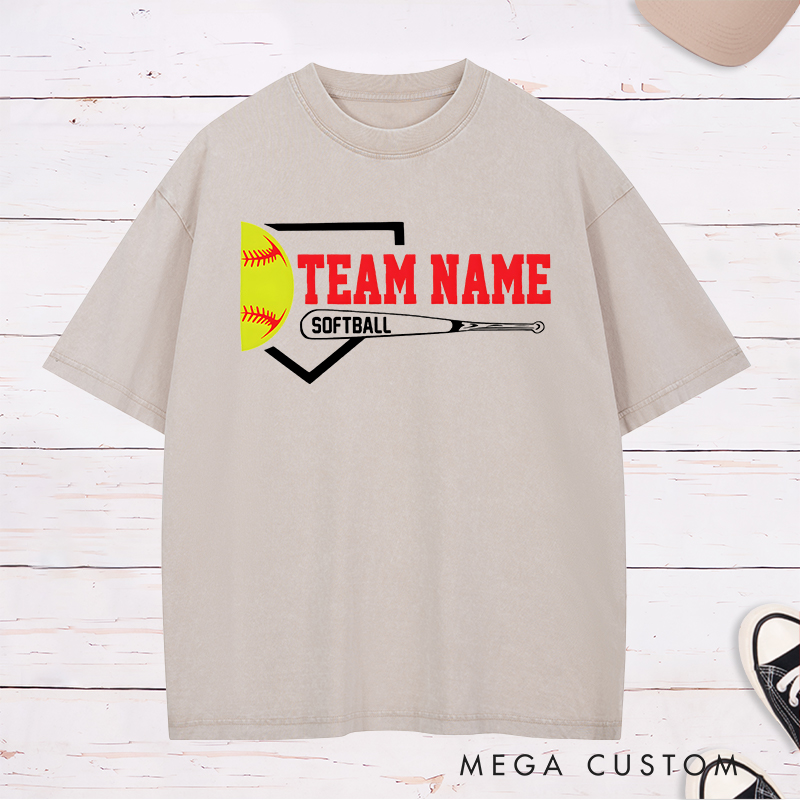 Personalized Softball Team Washed T-Shirt Design Featuring Customizable Team Name Bold Home Plate Graphic Yellow Softball and Bat Element