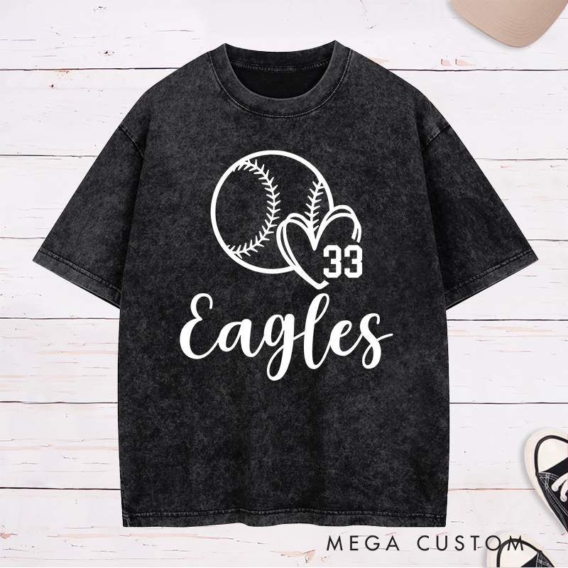 Personalized Softball Team Washed T-Shirt Design Featuring Customizable Team Name Heart and Player Number with Softball Graphic