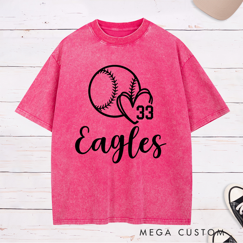 Personalized Softball Team Washed T-Shirt Design Featuring Customizable Team Name Heart and Player Number with Softball Graphic