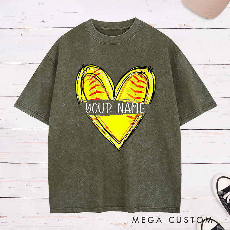 Personalized Softball Heart Washed T-Shirt Design Featuring Customizable Name with Bright Yellow Softball Stitching Graphic