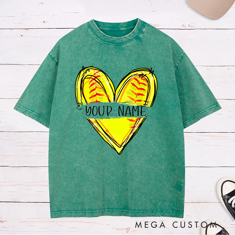 Personalized Softball Heart Washed T-Shirt Design Featuring Customizable Name with Bright Yellow Softball Stitching Graphic