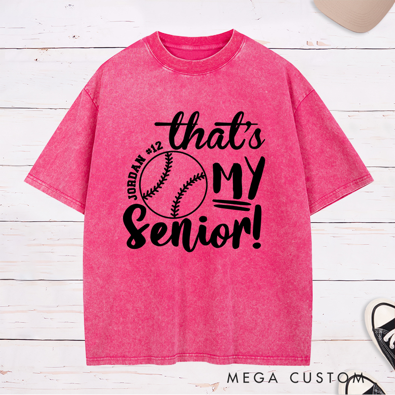 Personalized Senior Softball Spirit Washed T-Shirt Design Perfect for School Teams Featuring Custom Name Number and Bold Text with a Softball Graphic