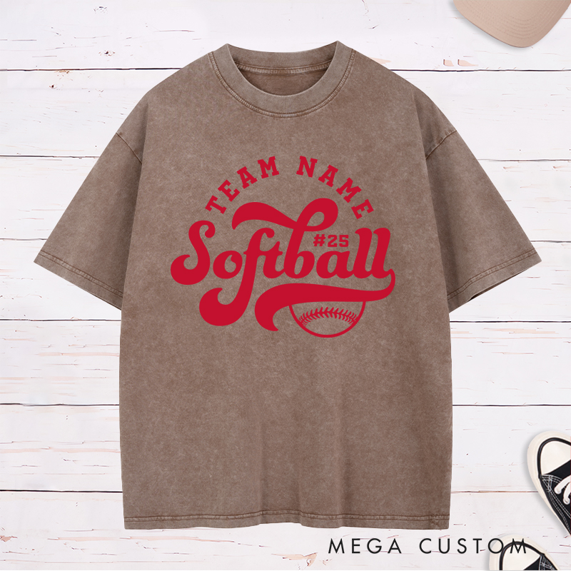 Personalized Softball Washed T-Shirt Featuring Customizable Team Name Player Number Dynamic Script Font and Classic Softball Graphic for a Bold and Unified Look