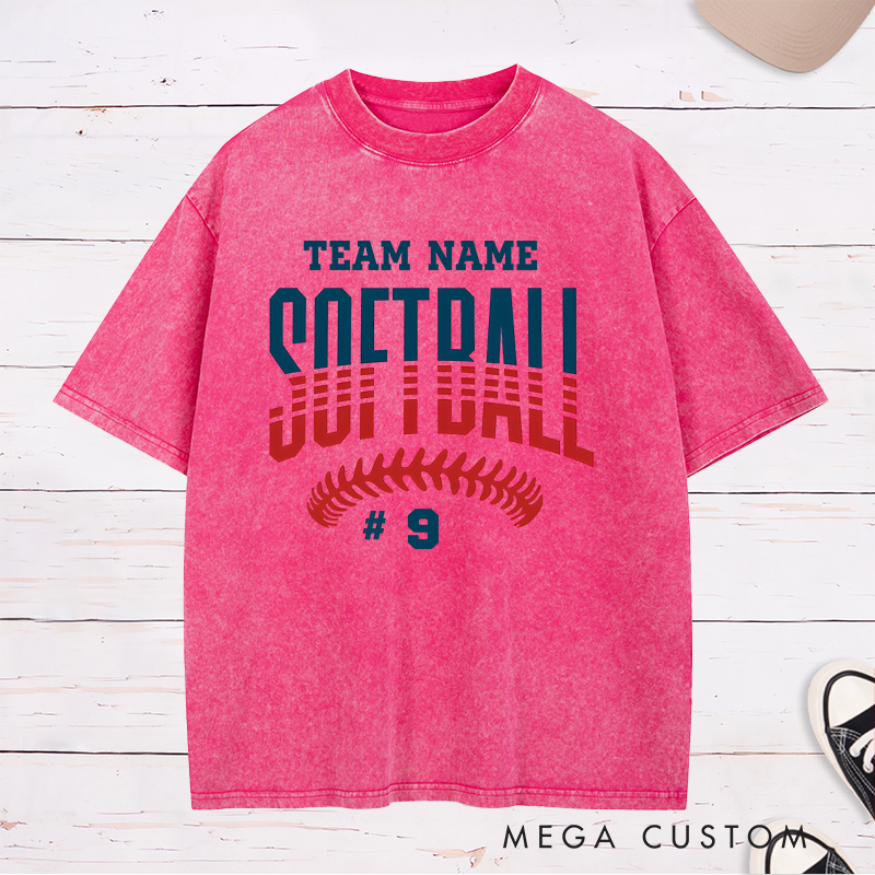 Personalized Softball Washed T-Shirt Featuring Customizable Team Name Player Number Bold Gradient Block Lettering and Dynamic Softball Stitch Graphic for a Striking and Unified Look