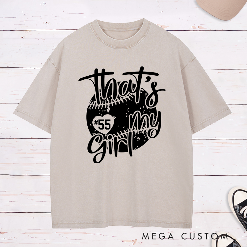 Personalized Softball Washed T-Shirt Design Featuring Customizable Player Number Heart-Shaped Accent Playful Handwritten Script Font and Distressed Softball Graphic for a Stylish and Sentimental Look