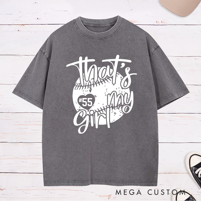Personalized Softball Washed T-Shirt Design Featuring Customizable Player Number Heart-Shaped Accent Playful Handwritten Script Font and Distressed Softball Graphic for a Stylish and Sentimental Look