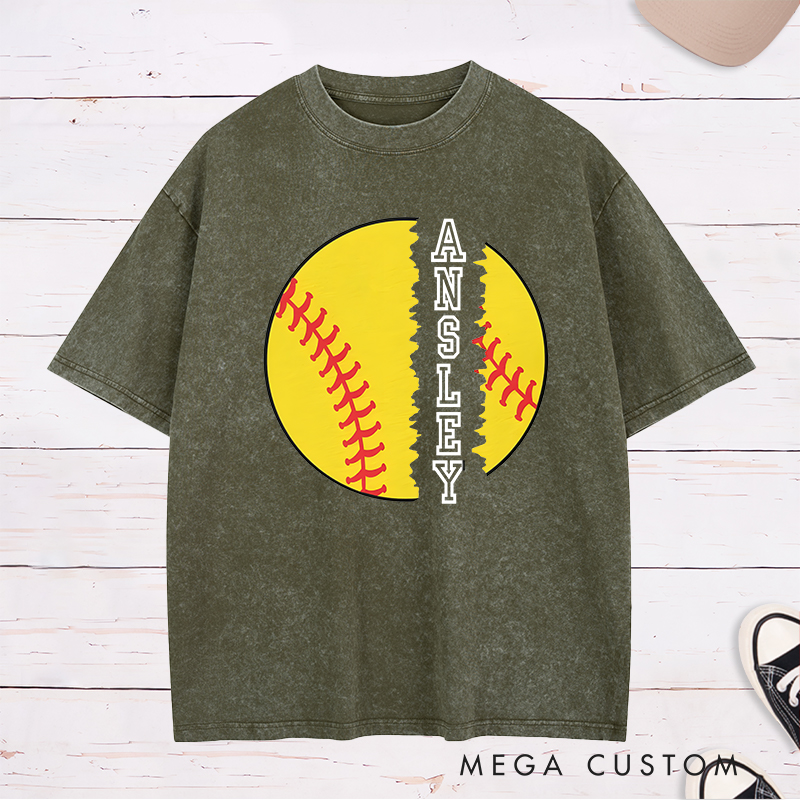 Personalized Softball Washed T-Shirt Design Featuring Torn Softball Graphic and Customizable Vertical Name Text for a Bold and Unique Look