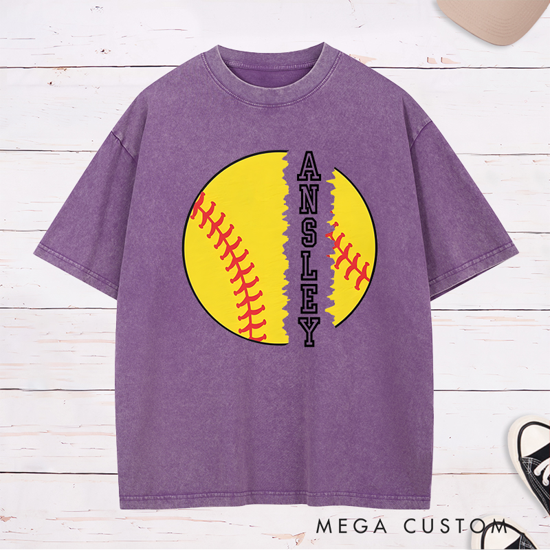 Personalized Softball Washed T-Shirt Design Featuring Torn Softball Graphic and Customizable Vertical Name Text for a Bold and Unique Look