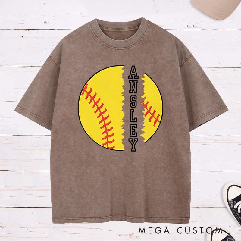 Personalized Softball Washed T-Shirt Design Featuring Torn Softball Graphic and Customizable Vertical Name Text for a Bold and Unique Look
