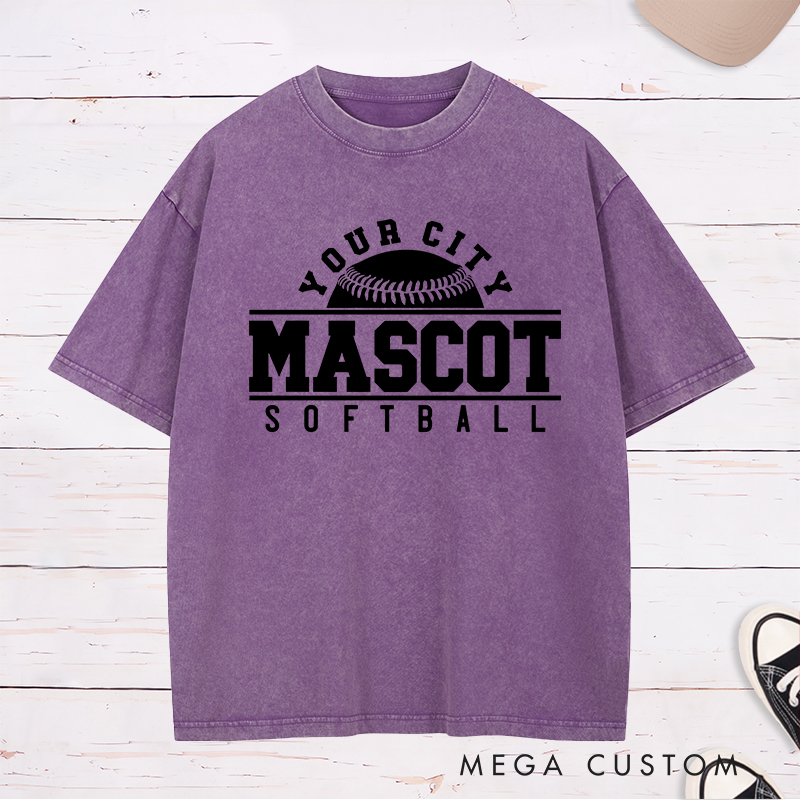 Personalized Softball Team Washed T-Shirt Design Featuring Custom City Name Team Name Bold Typography and Central Softball Graphic