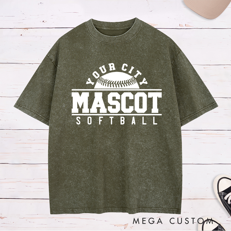 Personalized Softball Team Washed T-Shirt Design Featuring Custom City Name Team Name Bold Typography and Central Softball Graphic