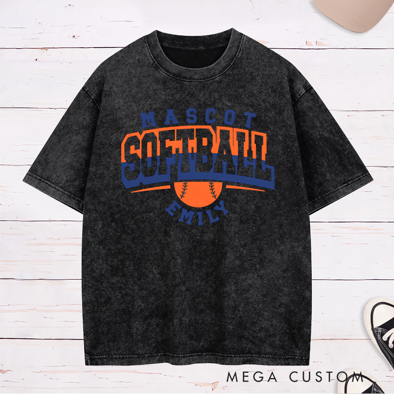 Personalized Softball Washed T-Shirt Design Featuring Team Name Bold Typography Softball Graphic and Custom Player Name Highlight