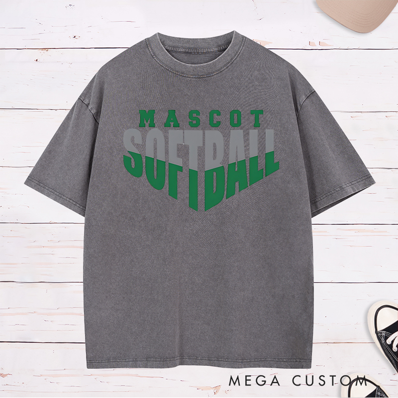 Personalized Softball Washed T-Shirt Design Featuring Custom Team Name Bold Split-Tone Typography Dynamic Angular Layout and Modern Sports Aesthetic