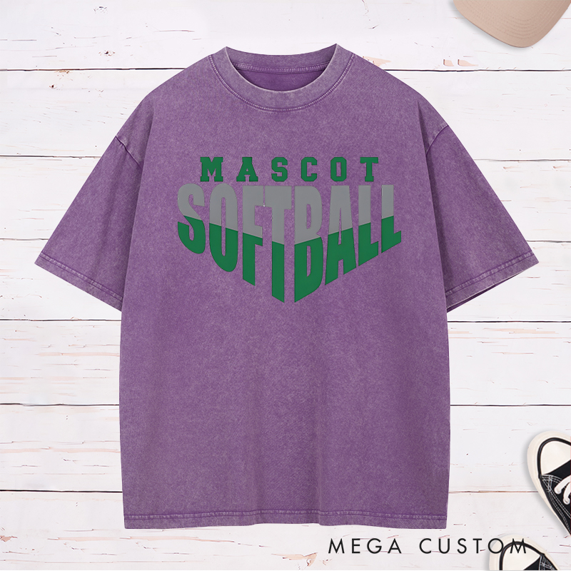 Personalized Softball Washed T-Shirt Design Featuring Custom Team Name Bold Split-Tone Typography Dynamic Angular Layout and Modern Sports Aesthetic