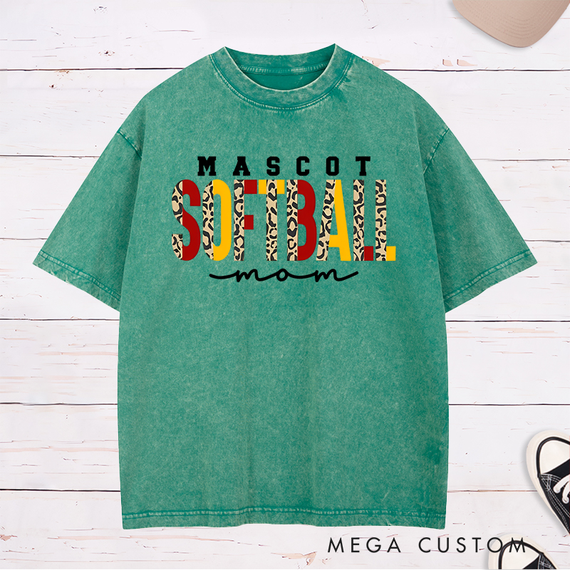 Personalized Softball Mom Washed T-Shirt Design Featuring Custom Team Name Leopard Print Bold Typography and Stylish Script Accent