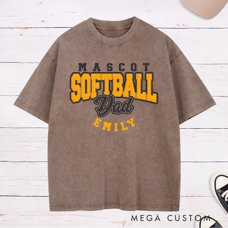 Personalized Softball Dad Washed T-Shirt Design Featuring Custom Team Name Player Name Bold Typography and Stylish Script Accent