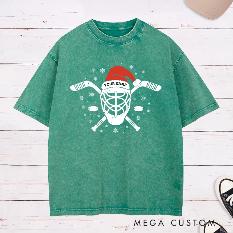 Personalized Washed Hockey T-Shirt with Custom Name and Festive Santa Hat Design