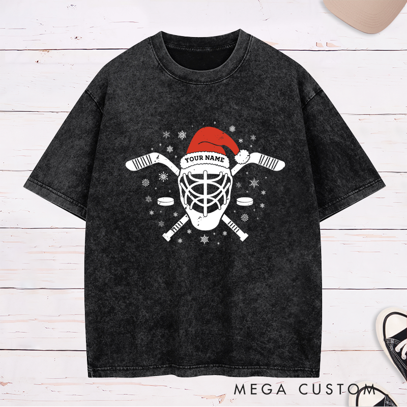 Personalized Washed Hockey T-Shirt with Custom Name and Festive Santa Hat Design