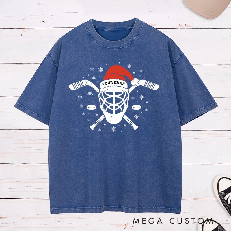 Personalized Washed Hockey T-Shirt with Custom Name and Festive Santa Hat Design