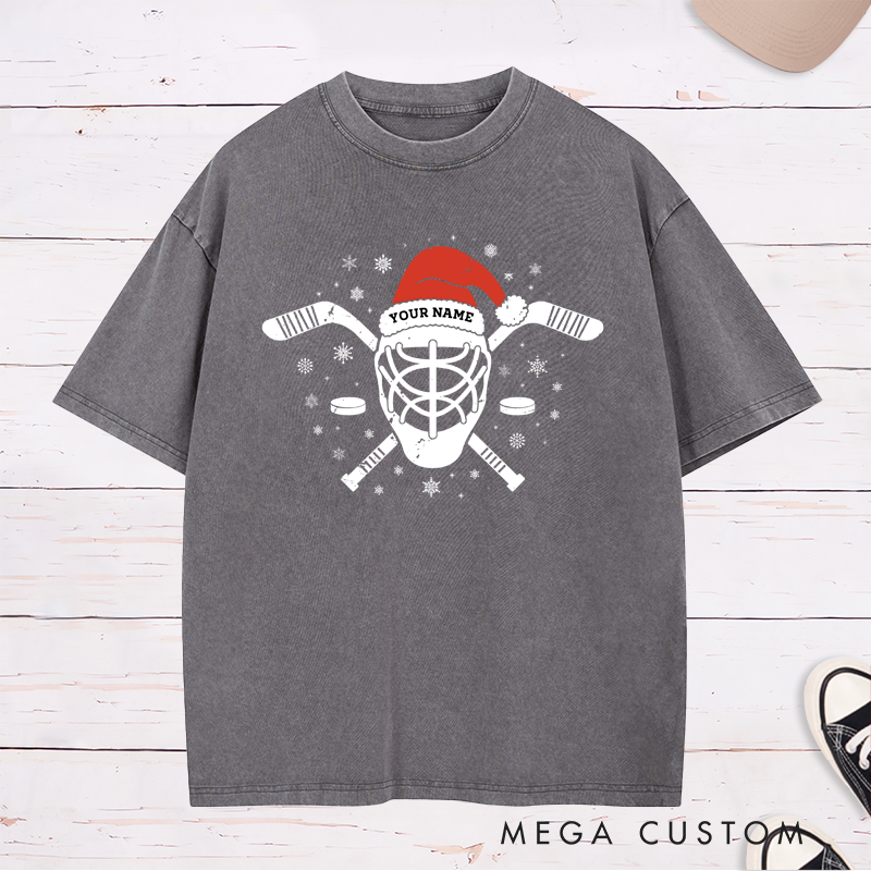 Personalized Washed Hockey T-Shirt with Custom Name and Festive Santa Hat Design